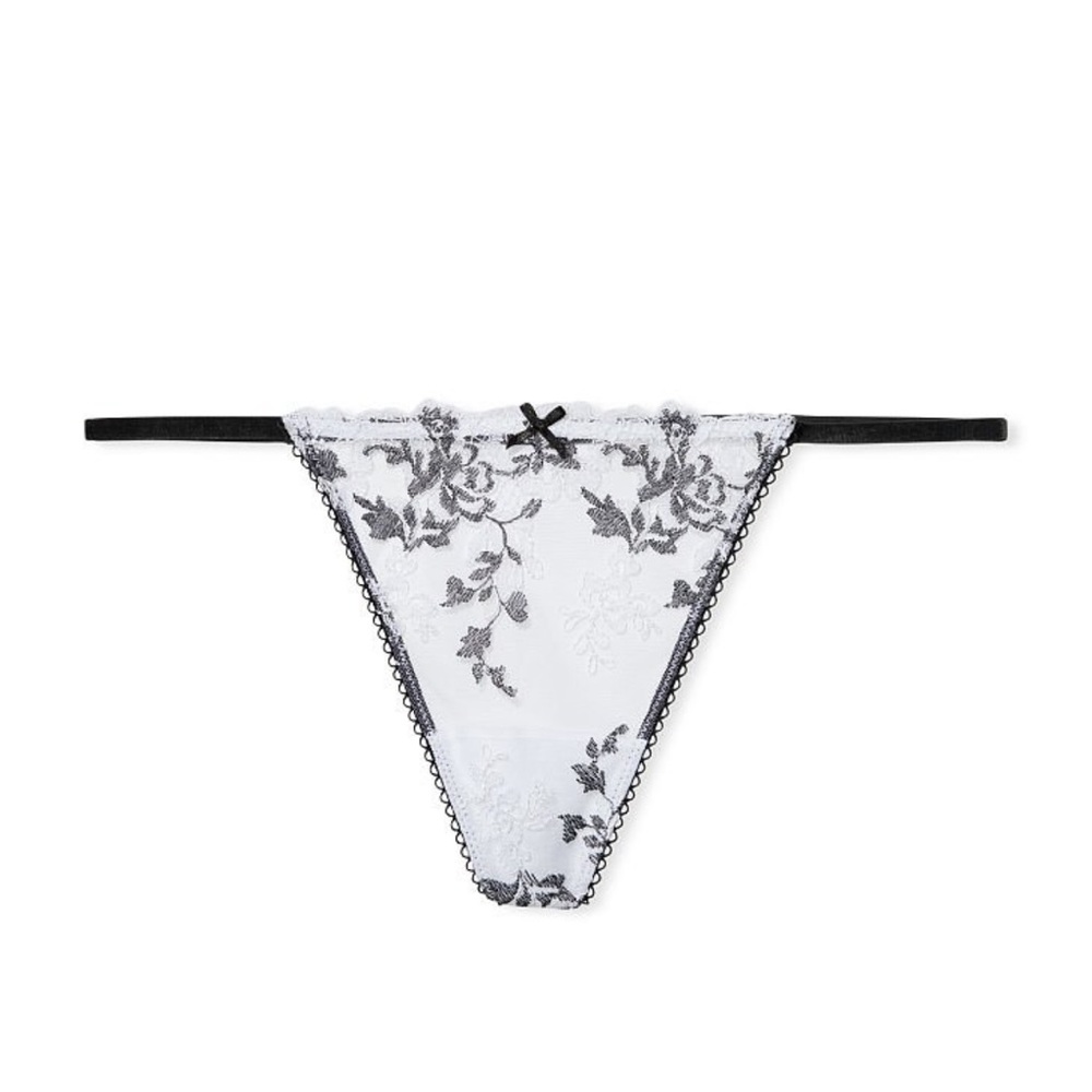 Victoria Secret Dream Angels Sheer white embroidered black lace v-string panty